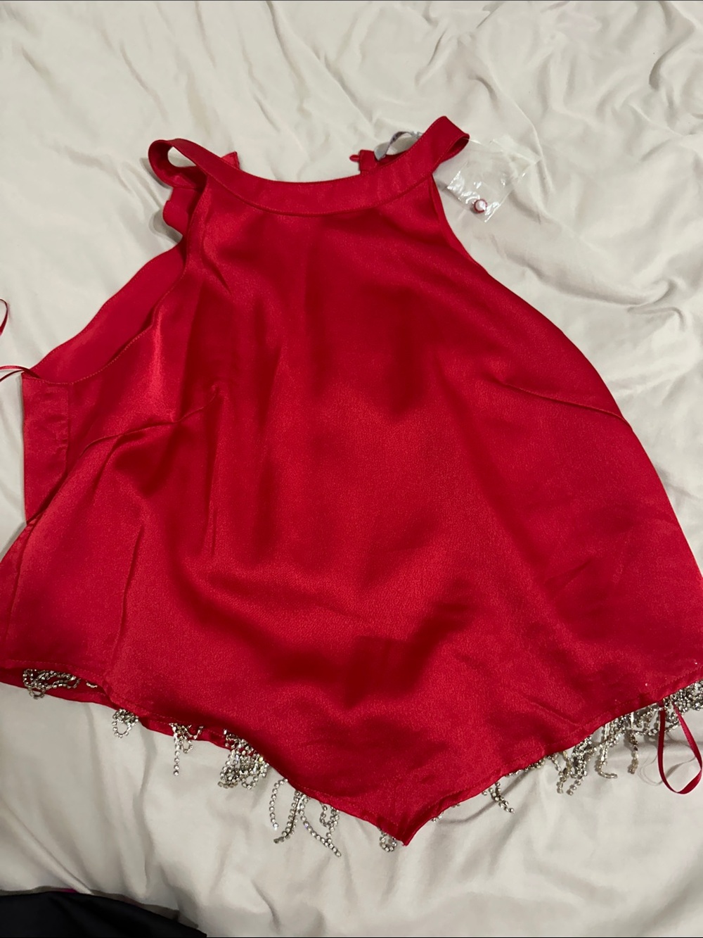 Red Satin Halter Top with Beaded Trim